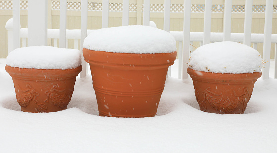 Snow covering three terracotta planters. Snow also surrounding the planters on a deck at a home.