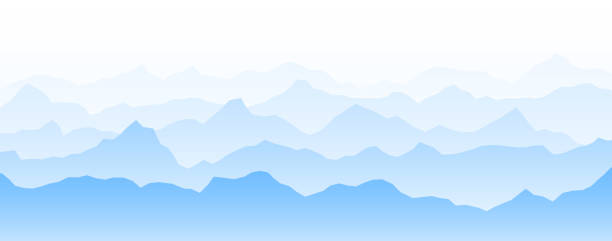 sylwetki pasm górskich o zachodzie lub wschodzie słońca. poranny panoramiczny widok krajobrazu. grzbiety górskie i wzgórza w tle. niebieskie szczyty gór z mgłą, mgłą lub zamgleniem. wektor sceneria teren ilustracja - ski resort mountain winter mountain range stock illustrations