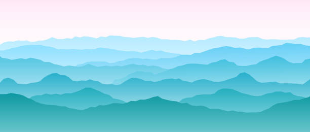 mountain range silhouettes on sunset or sunrise. morning panoramic landscape view. mountain ridges and hills background. blue pink mount peaks with mist and fog. vector scenery terrain illustration - ski resort mountain winter mountain range stock illustrations