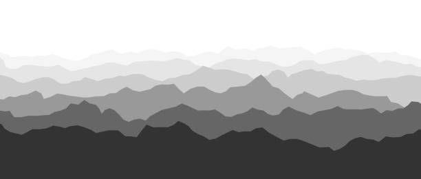 czarno-białe sylwetki pasm górskich. szary panoramiczny widok krajobrazu. grzbiety górskie i wzgórza w tle. szary odcień góruje szczyty z mgłą i mgłą. wektor sceneria teren ilustracja - ski resort mountain winter mountain range stock illustrations