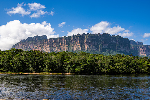 View of Auyantepui  from Orquidea Island in Canaima National Park. Venezuela