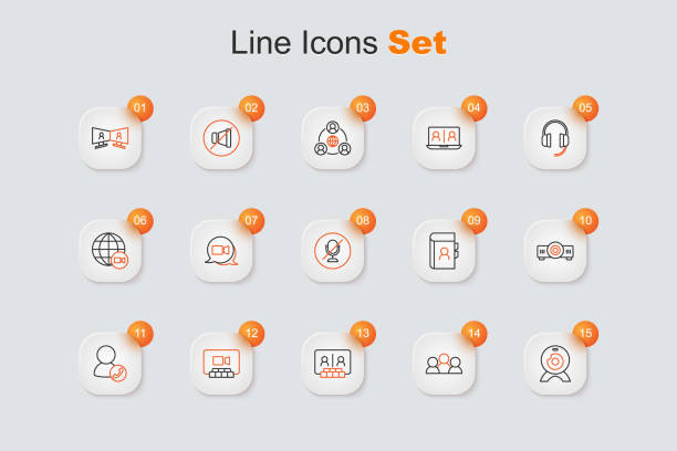ilustrações, clipart, desenhos animados e ícones de definir linha web câmera, reunião, vídeo conferência de bate-papo, filme, filme, projetor de mídia, lista telefônica e ícone de microfone mudo. vetor - press conference microphone conference call the media