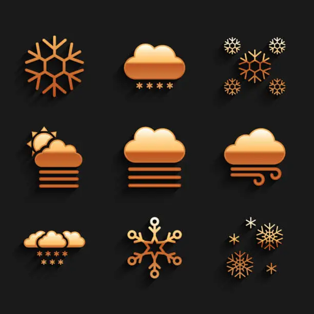 Vector illustration of Set Fog and cloud, Snowflake, Windy weather, Cloud with snow and sun icon. Vector