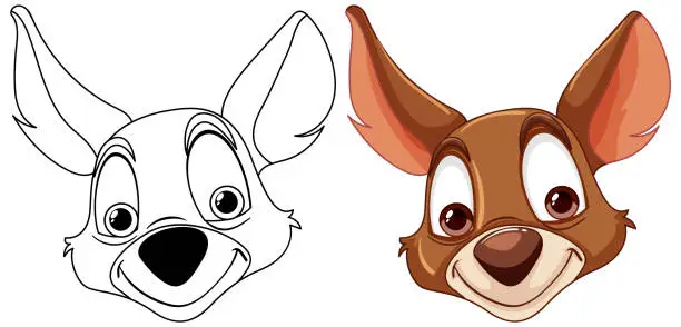 Vector illustration of Transformation of a cartoon dog from line art to color