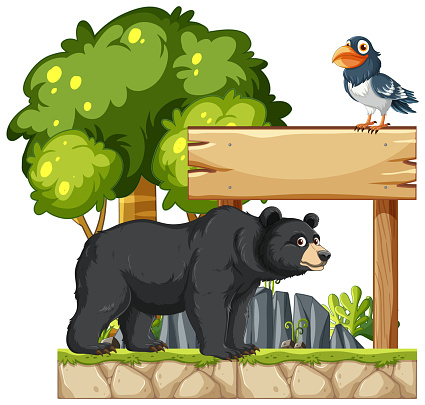 Illustration of bear and bird near a signpost