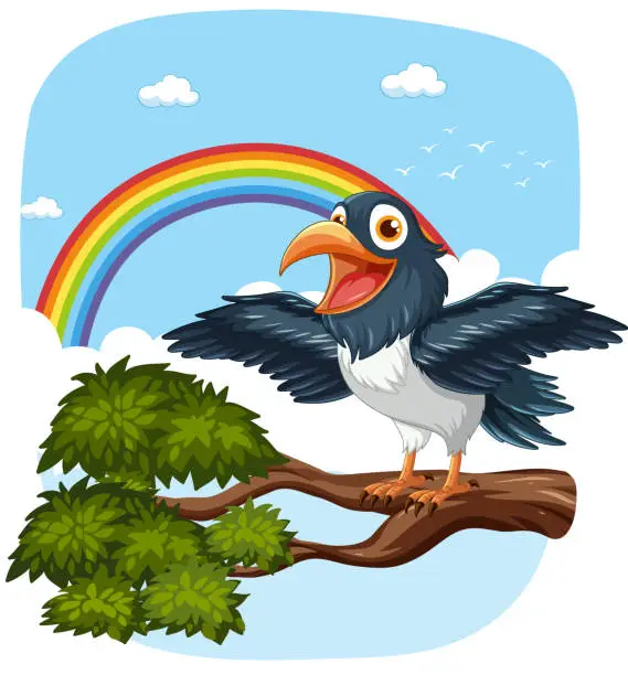 Vector illustration of Cartoon bird on branch with rainbow in background