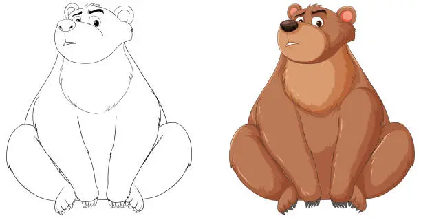 Vector illustration of Vector illustration of a bear, before and after coloring.