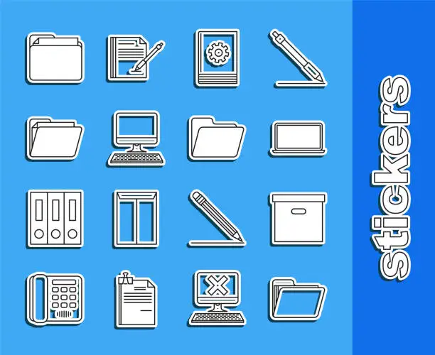 Vector illustration of Set line Document folder, Carton cardboard box, Laptop, User manual, Computer monitor with keyboard, and icon. Vector