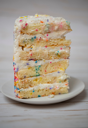 Close of of vanilla birthday cake with sprinkles