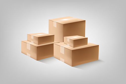 A stack of brown cardboard boxes in the storage is preparing sent to the customers