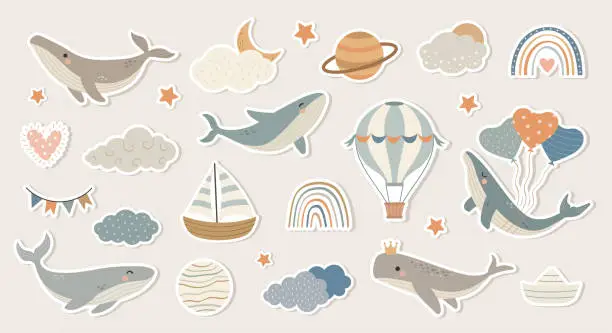 Vector illustration of Hand drawn stickers with whales, clouds, rainbows, ships. Vector illustration for cards, wall, scrapbooking