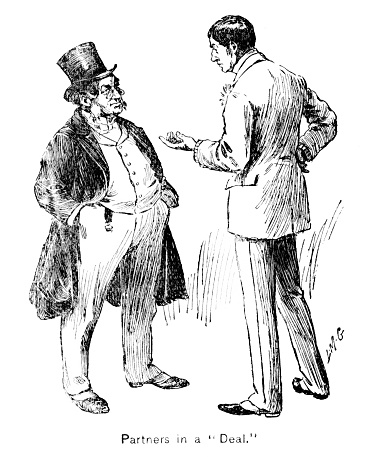 Companies merge when two men make a business deal.  Illustration engraving published 1894. Original edition is from my own archives. Copyright has expired and is in Public Domain.