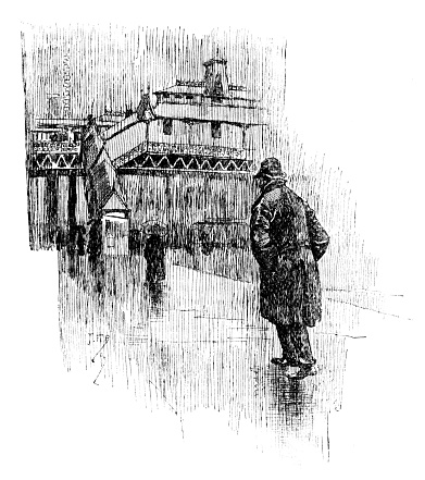 A man wearing a raincoat and hat walks in the drenching rain. Illustration engraving published 1894. Original edition is from my own archives. Copyright has expired and is in Public Domain.