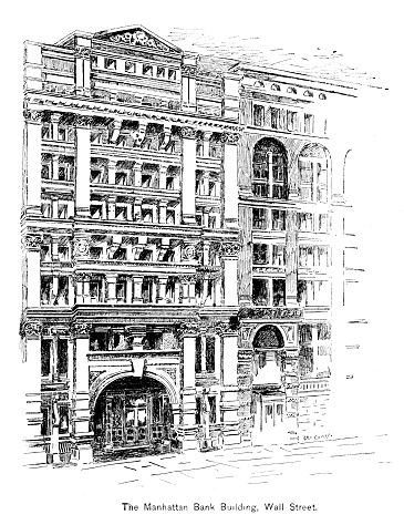 The Manhattan Bank building on Wall Street, Manhattan, New York City, New York State. Engraving published 1894. Original edition is from my own archives. Copyright has expired and is in Public Domain.