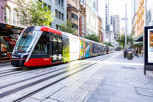 Sydney, Australia - February 04,2024: Light rail tram traveling on George Street Sydney