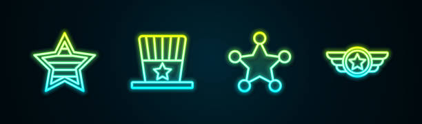 istock Set line USA Independence day, Patriotic American top hat, Hexagram sheriff and Star military. Glowing neon icon. Vector 2009237266