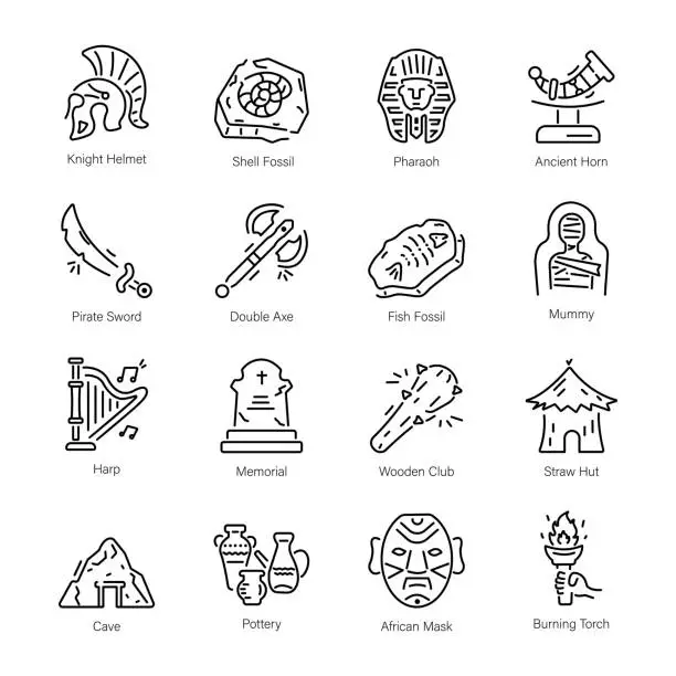 Vector illustration of Collection of Archaeology Linear Icons