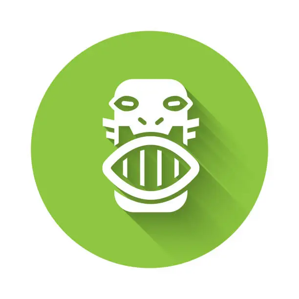 Vector illustration of White Mexican mayan or aztec mask icon isolated with long shadow background. Green circle button. Vector