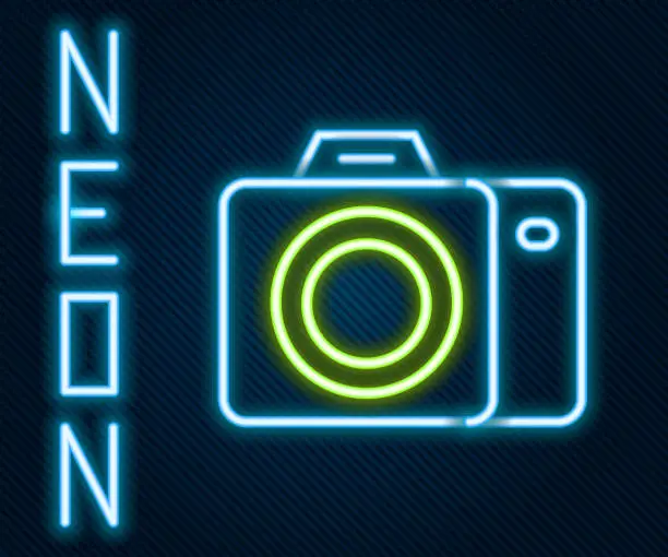 Vector illustration of Glowing neon line Photo camera icon isolated on black background. Foto camera. Digital photography. Colorful outline concept. Vector