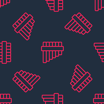 Red line Pan flute icon isolated seamless pattern on black background. Traditional peruvian musical instrument. Folk instrument from Peru, Bolivia and Mexico. Vector.