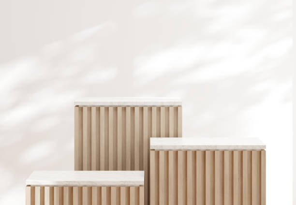 Minimal style luxury box podium with wooden slats and white marble top 3d render