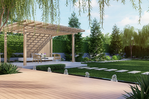 Modern contemporary style empty wooden terrace with nature view 3d render, overlooking wooden pavilion and green garden