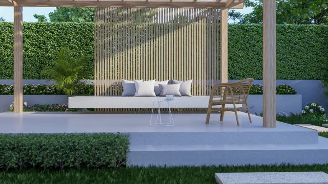 Animation of modern contemporary style green garden with wooden pavilion 3d render