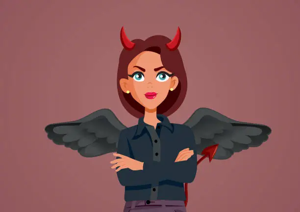Vector illustration of Evil Businesswoman with Devil Horns and Tail Vector Cartoon Character