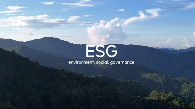 ESG concept for environmental, social, and governance in sustainable and ethical business on the Network connection. ESG phrases floating in the air, bird's-eye view