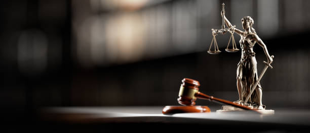 legal concept: themis is the goddess of justice and the judge's gavel hammer as a symbol of law and order on the background of books - kepolosan foto potret stok, foto, & gambar bebas royalti