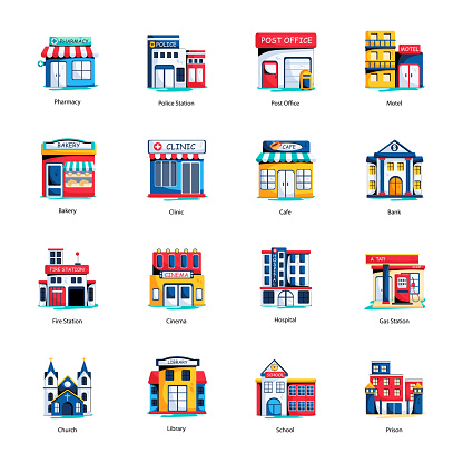 Showcase the beauty of urban architecture with our flat buildings icons Witness the diverse cityscape with designs depicting towering skyscrapers, government buildings, residential units, industrial marvels, dynamic shopfronts and more.