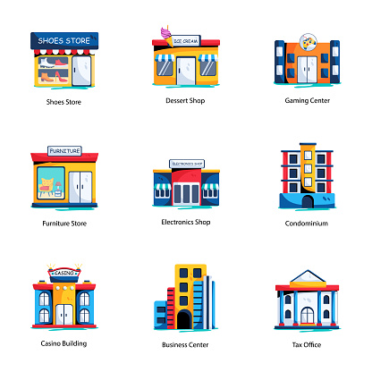 Showcase the beauty of urban architecture with our flat buildings icons Witness the diverse cityscape with designs depicting towering skyscrapers, government buildings, residential units, industrial marvels, dynamic shopfronts and more.