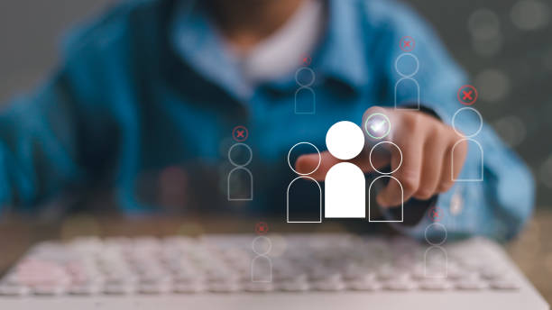 istock Online recruitment application specialist search service concept with virtual cards with rating and profile information. 2009361217