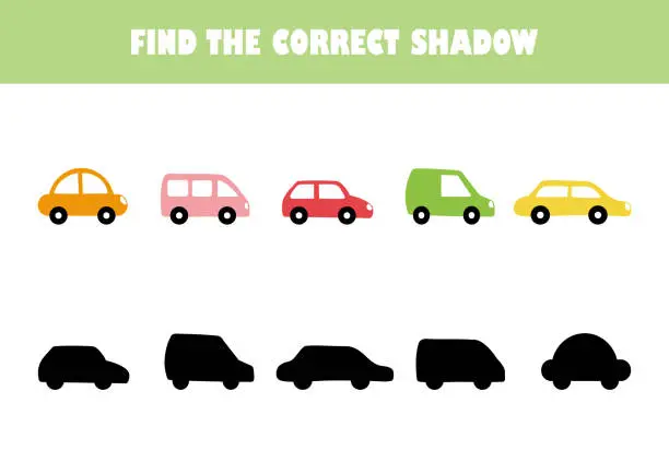 Vector illustration of Preschool education workbook page vector illustration. Match the shadows game. Cartoon cars.