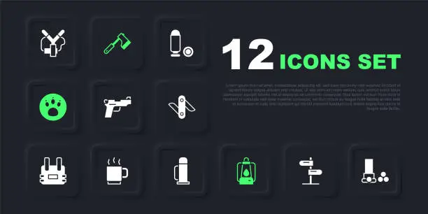 Vector illustration of Set Road traffic sign, Cartridges, Pistol or gun, Camping lantern, Paw search, Coffee cup, Wooden axe and Thermos container icon. Vector