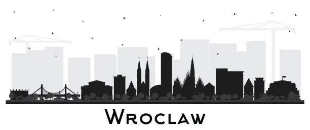 Vector illustration of Wroclaw Poland City Skyline silhouette with black buildings isolated on white. Wroclaw Cityscape with Landmarks. Business Travel and Tourism Concept with Historic Architecture.