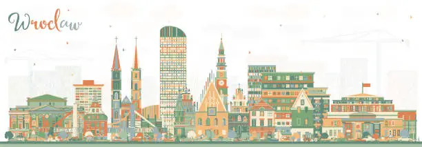 Vector illustration of Wroclaw Poland City Skyline with Color Buildings. Wroclaw Cityscape with Landmarks. Business Travel and Tourism Concept with Historic Architecture.