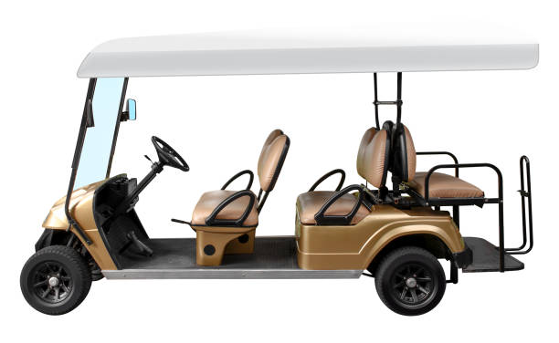 istock Side view golden golf cart isolated on white background with clipping path 2009423875