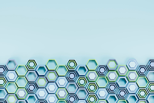 Abstract 3d background made of green hexagons. Wall of hexagons. Honeycomb pattern. 3D render illustration