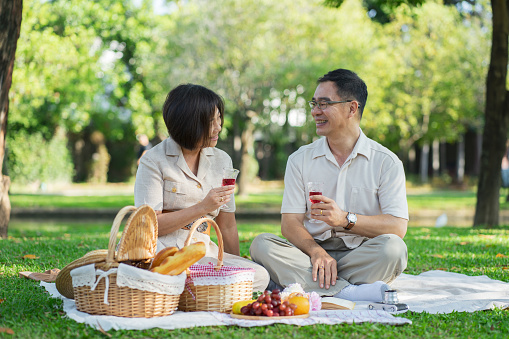Senior middle aged couple happily embracing and drinking together during a picnic in the park outdoors