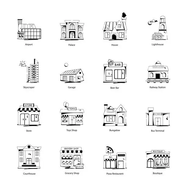 Vector illustration of Modern Glyph Icons Depicting City Buildings