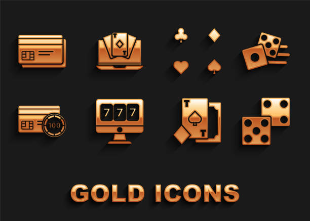 istock Set Online slot machine with lucky sevens jackpot, Game dice, Playing card spades, Credit, cards, and poker table game icon. Vector 2009461532