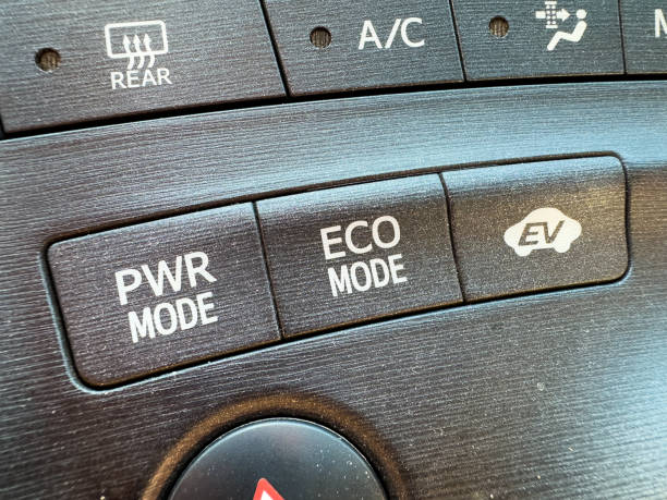 Power mode, Eco mode and Ev driving mode buttons in hybrid car. .