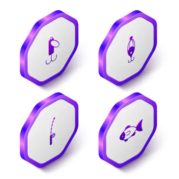 Vector illustration of Set Isometric Fishing lure, rod and icon. Purple hexagon button. Vector