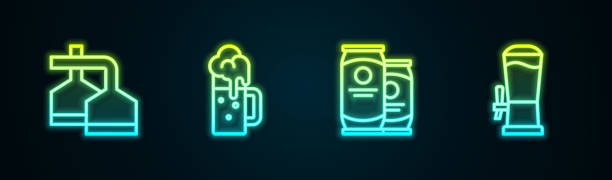 istock Set line Beer brewing process, Wooden beer mug, can and tap. Glowing neon icon. Vector 2009469921