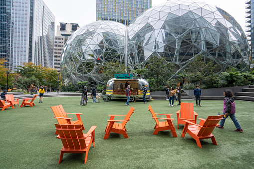 Seattle, WA, USA - Oct 24, 2023: The Day 1 Playfield in front of the Spheres, three intersecting spherical domes comprising part of the Amazon headquarters campus in Seattle, Washington.