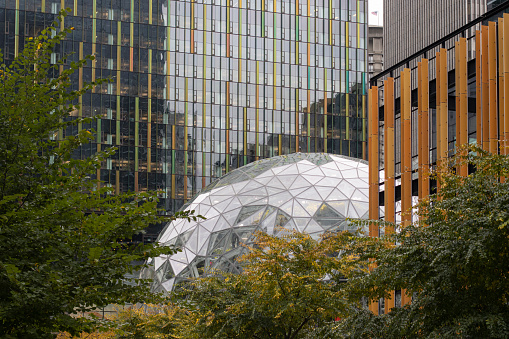 Seattle, WA, USA - Oct 24, 2023: Exterior view of the Spheres, three intersecting spherical conservatories comprising part of the Amazon headquarters campus in Seattle, Washington.