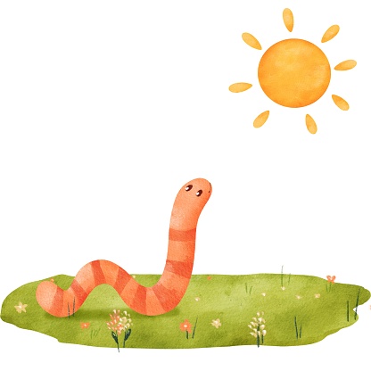 watercolor composition a worm on a green meadow gazing at the sun. This spring-themed, child-friendly illustration is for your designs, creating a delightful atmosphere of the season.