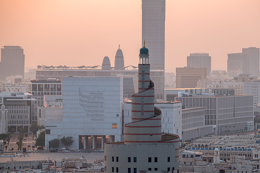Doha, Qatar - February 11, 2024: Qatar iconic landmark, The spiral shaped Fanar Mosque Building
