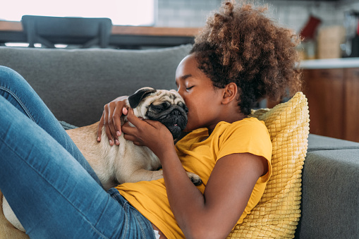 Shot of cute afro-american girl hugging her pug dog in the living room at home.
